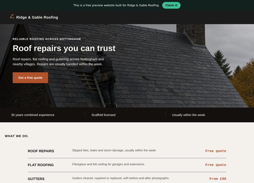 A demonstration website for a Roofer